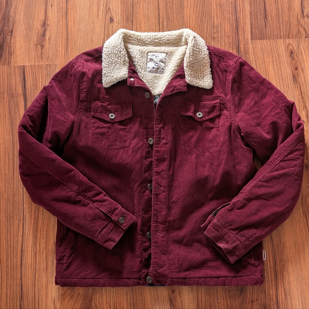 Men's Burgundy Sherpa-collar Jacket Size L